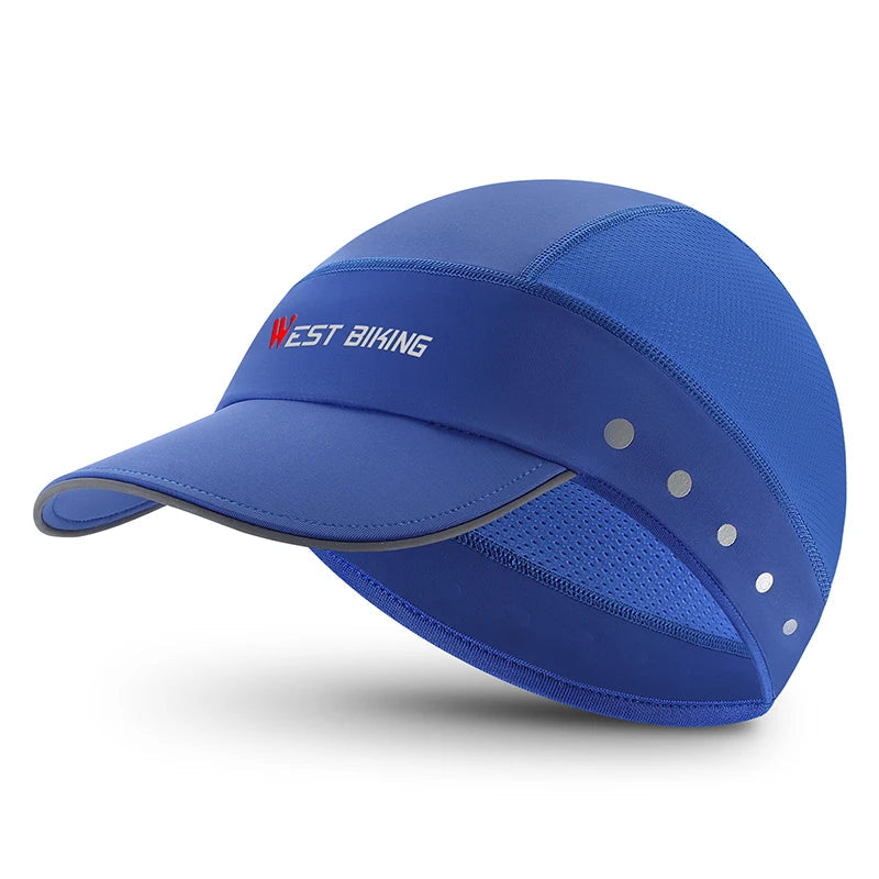 Blue cycling cap with curved sun visor