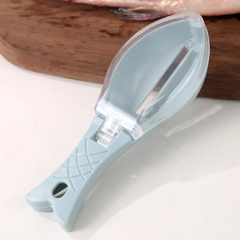Blue plastic fish scale scraper with cover closed