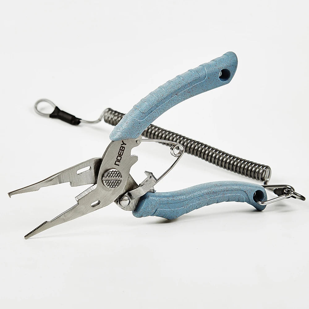 Blue handle split ring fishing pliers for lure and hook adjustments