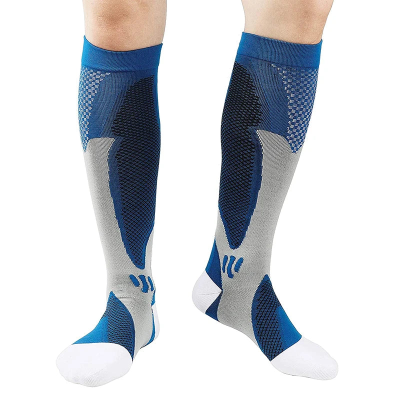 Blue over the calf running compression socks