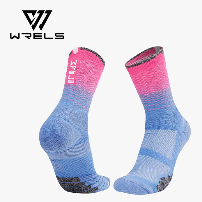 Blue and pink athletic crew socks pair