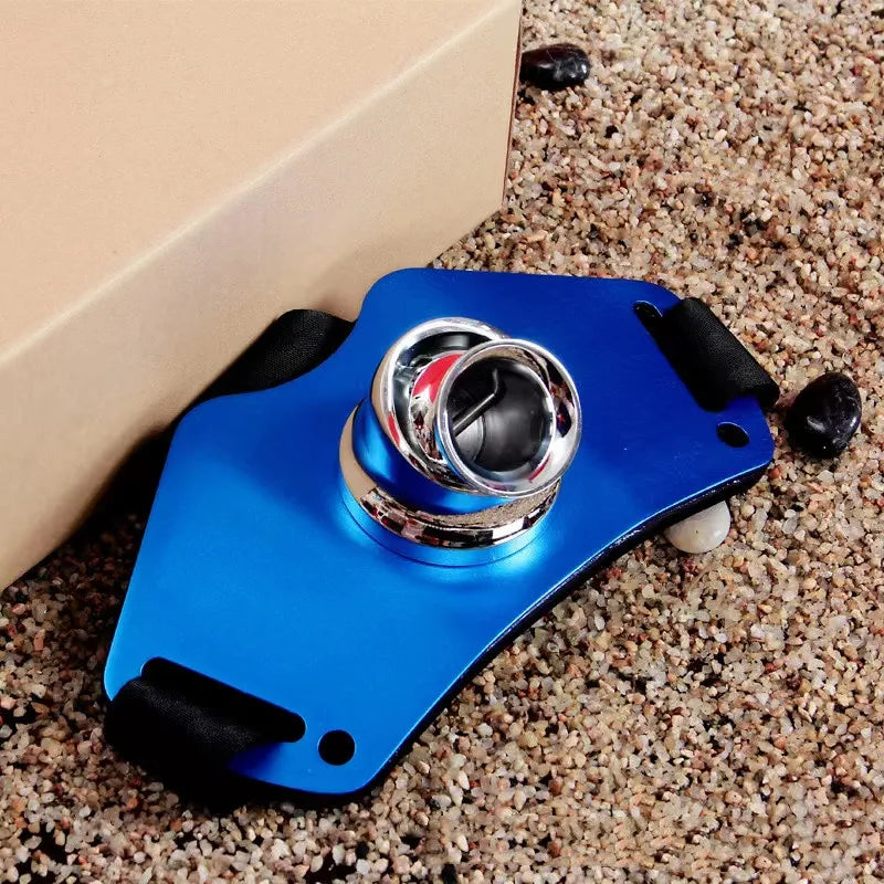 Blue aluminium fishing rod holder belt resting on sand, designed for offshore anglers