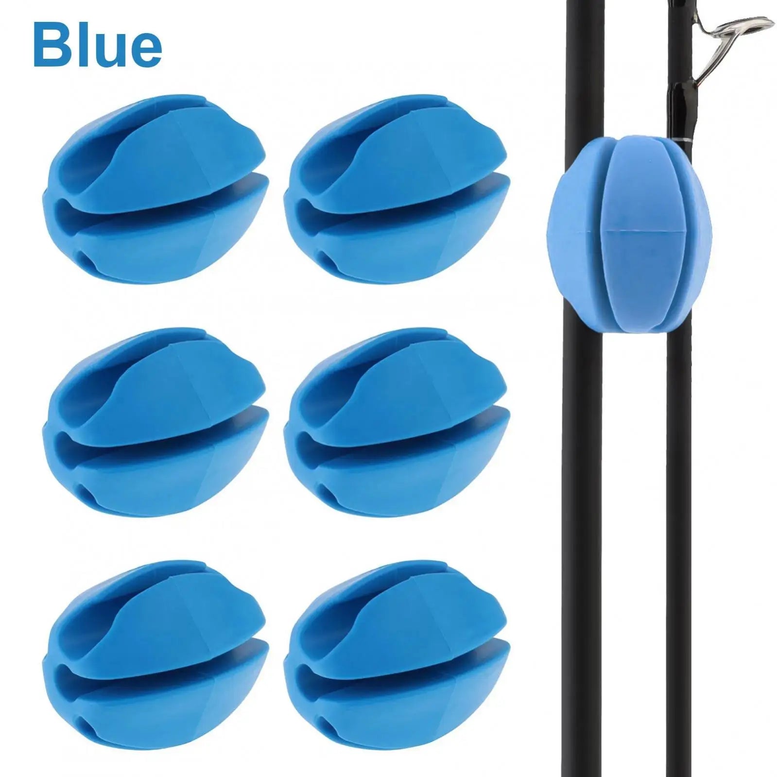 Blue silicone rod clips for securing and organising fishing rods during storage