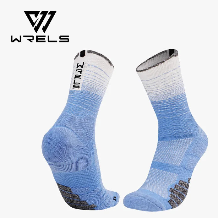 Blue and white athletic crew socks pair