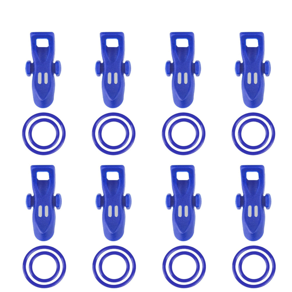 Set of blue fishing clips and rings on a white background with Booms Fishing branding.