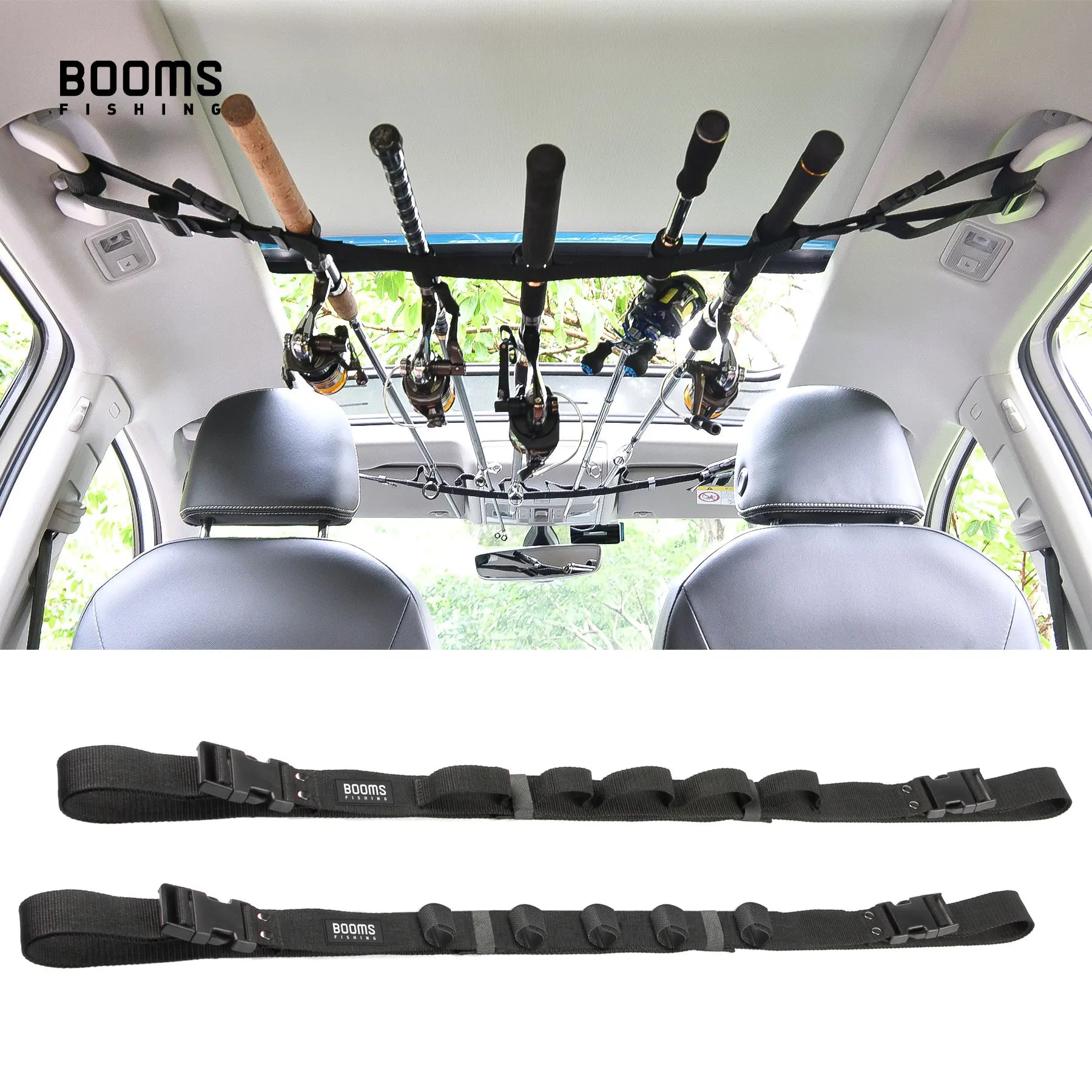 BOOMS FISHING in-car rod holder mounted across vehicle roof securing multiple fishing rods safely