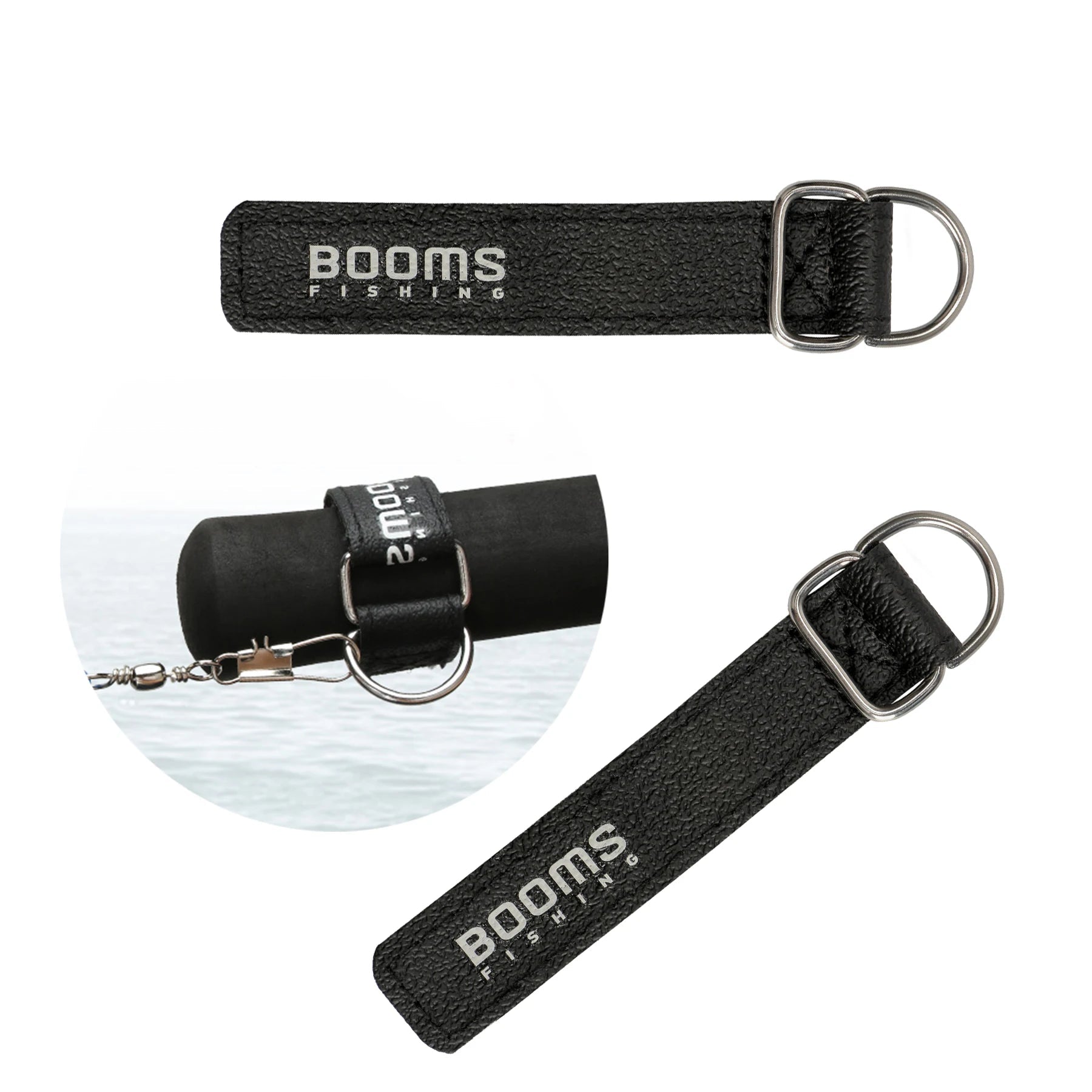 Black neoprene fishing rod tie straps with D-ring clips for secure bundling