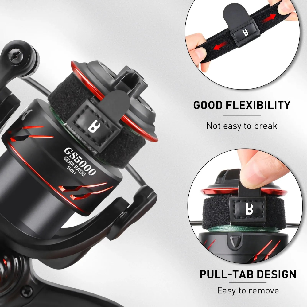 Flexible BOOMS FISHING reel protective cover showing stretchable SBR elastic fabric for easy fit and durability