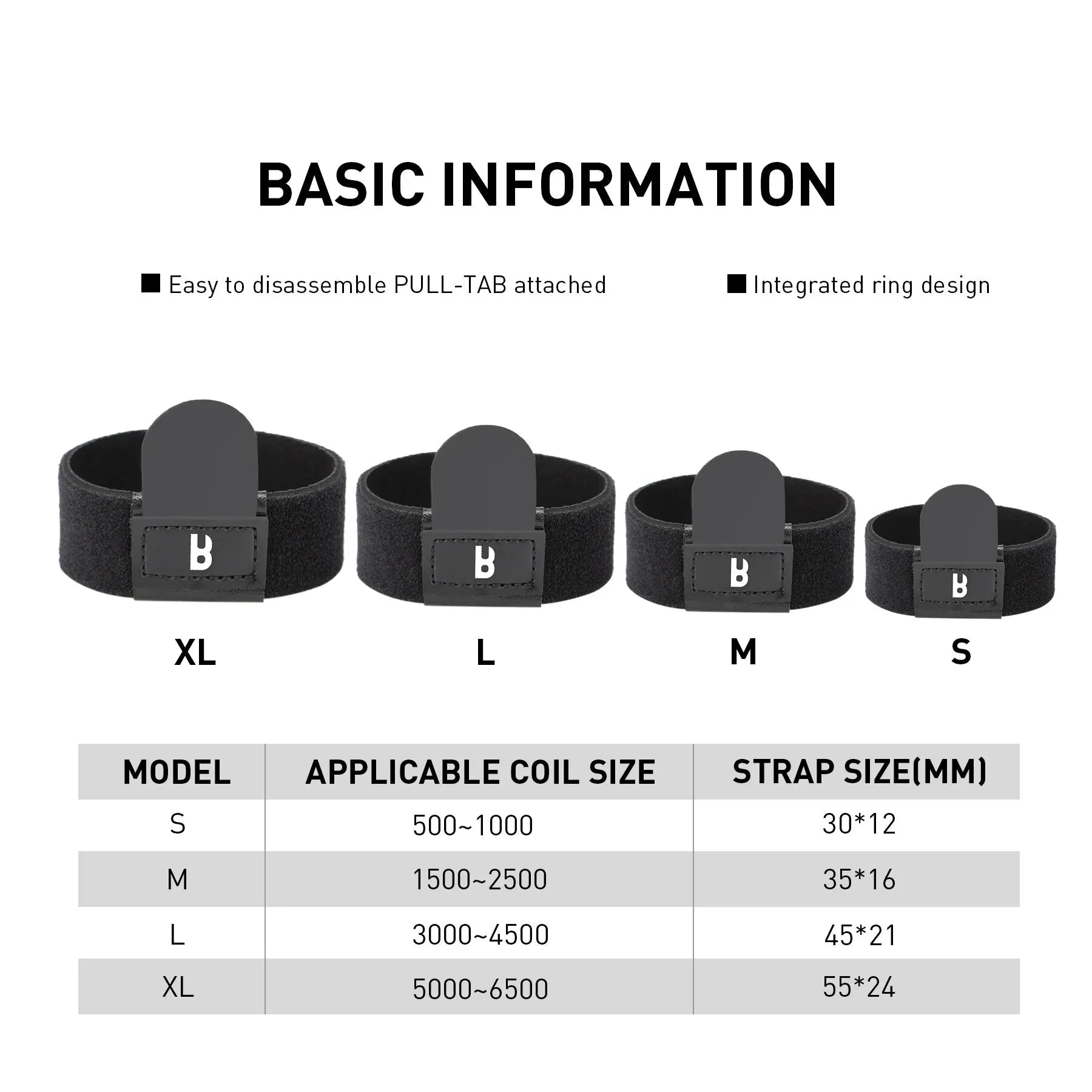 Size chart for BOOMS FISHING reel protective covers showing dimensions and compatibility for spinning reel sizes