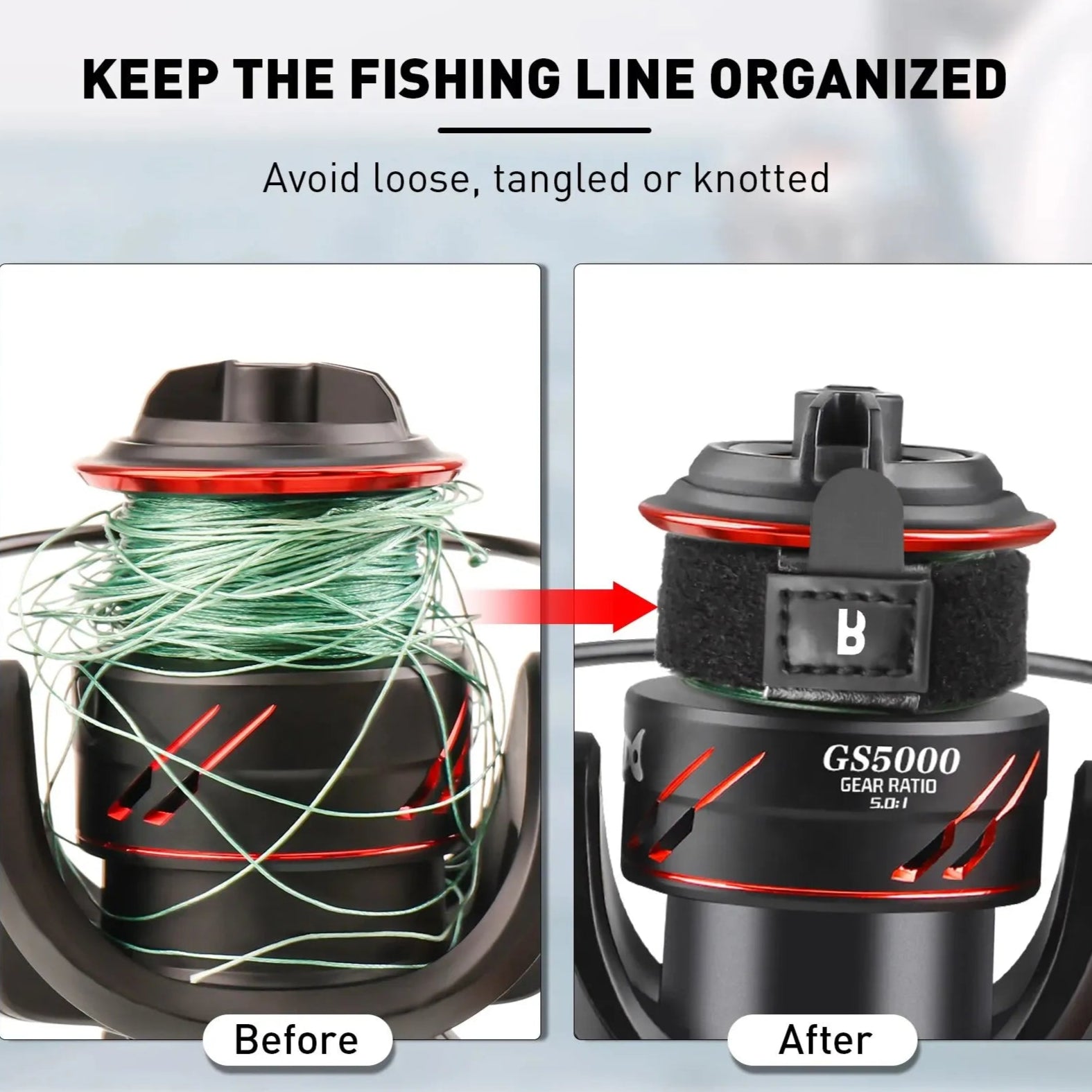 BOOMS FISHING reel cover line organiser showing before and after comparison preventing tangles and loose line
