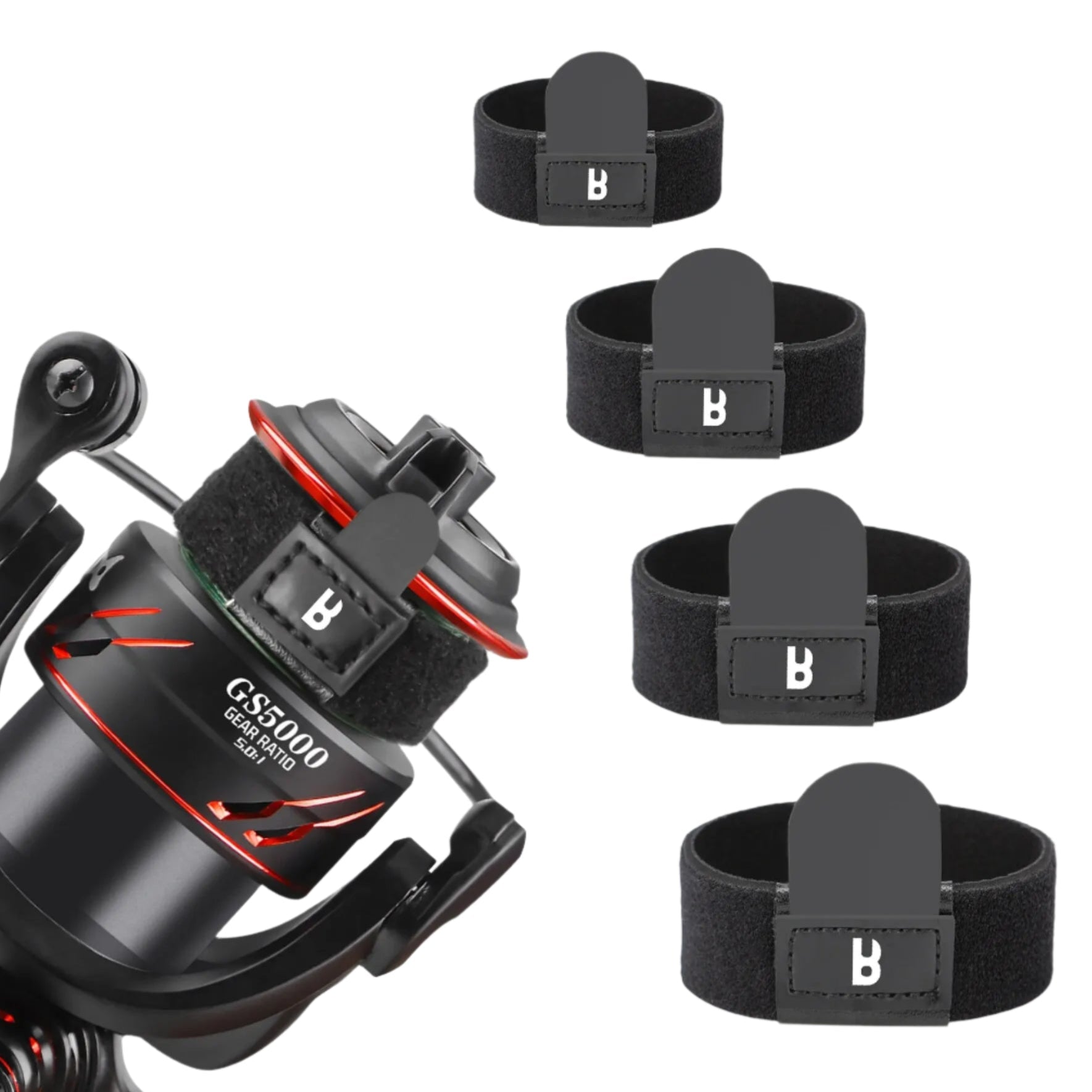 BOOMS FISHING reel protective covers fitted to spinning reel showing elastic strap design for secure line management