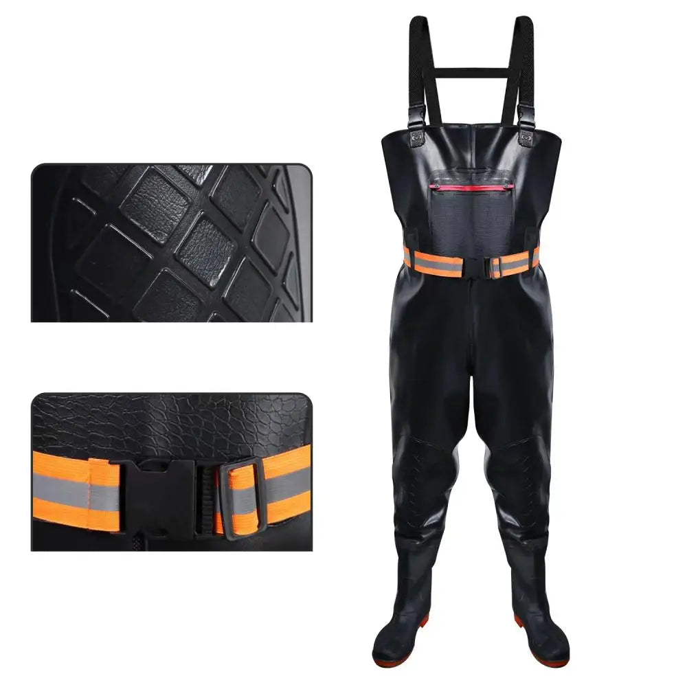 Bootfoot chest waders close up showing adjustable waist belt detail