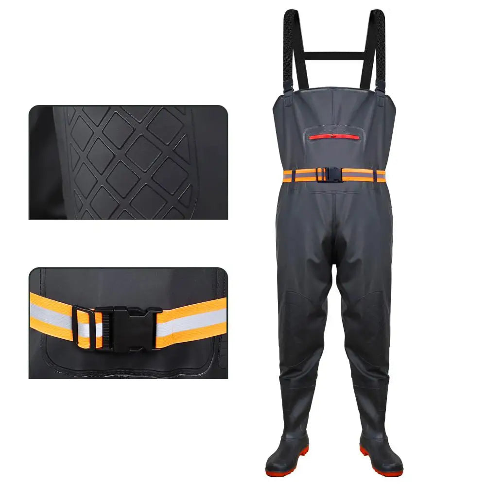 Black bootfoot chest waders with orange trim shown front view