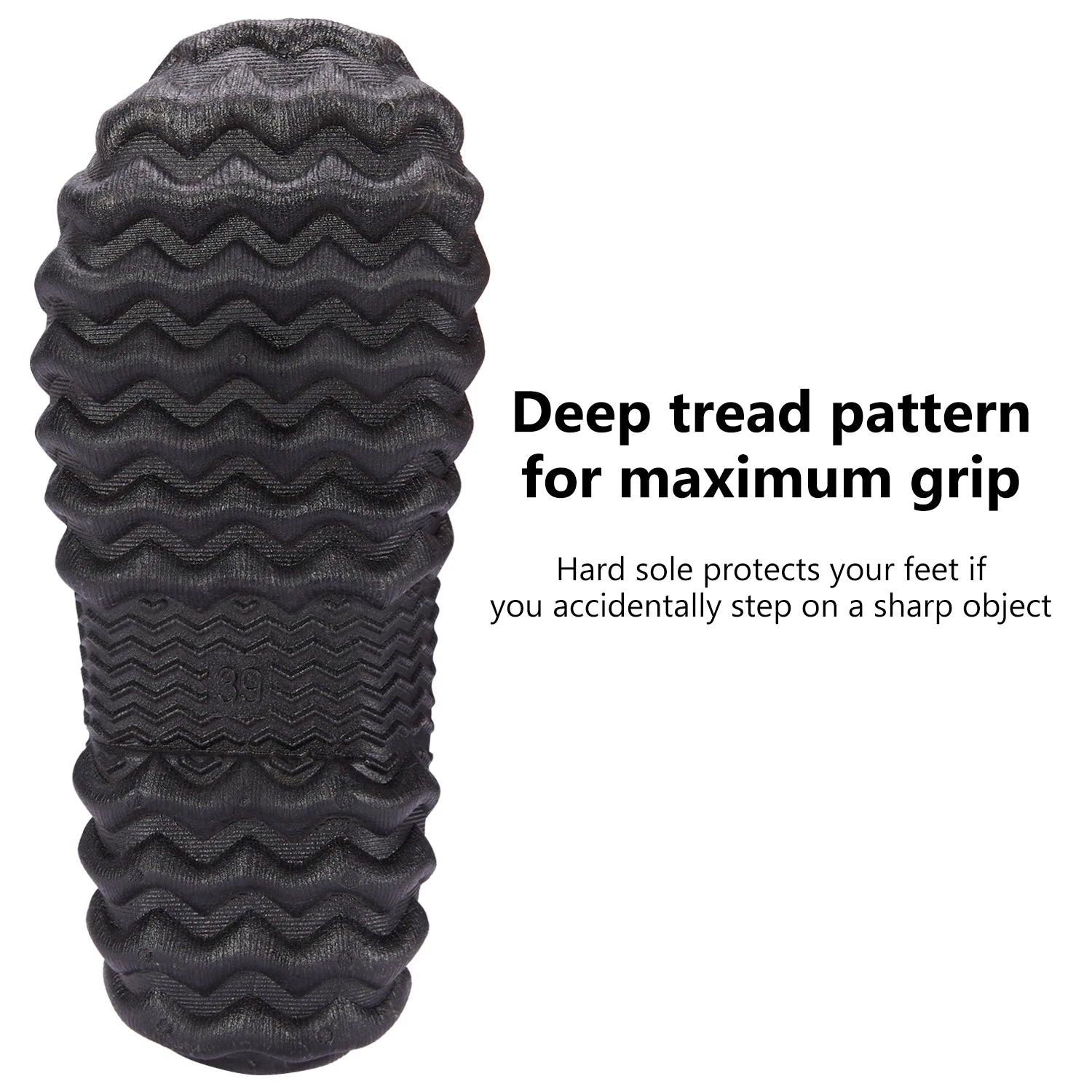 Integrated wader boot sole showing deep tread grip pattern
