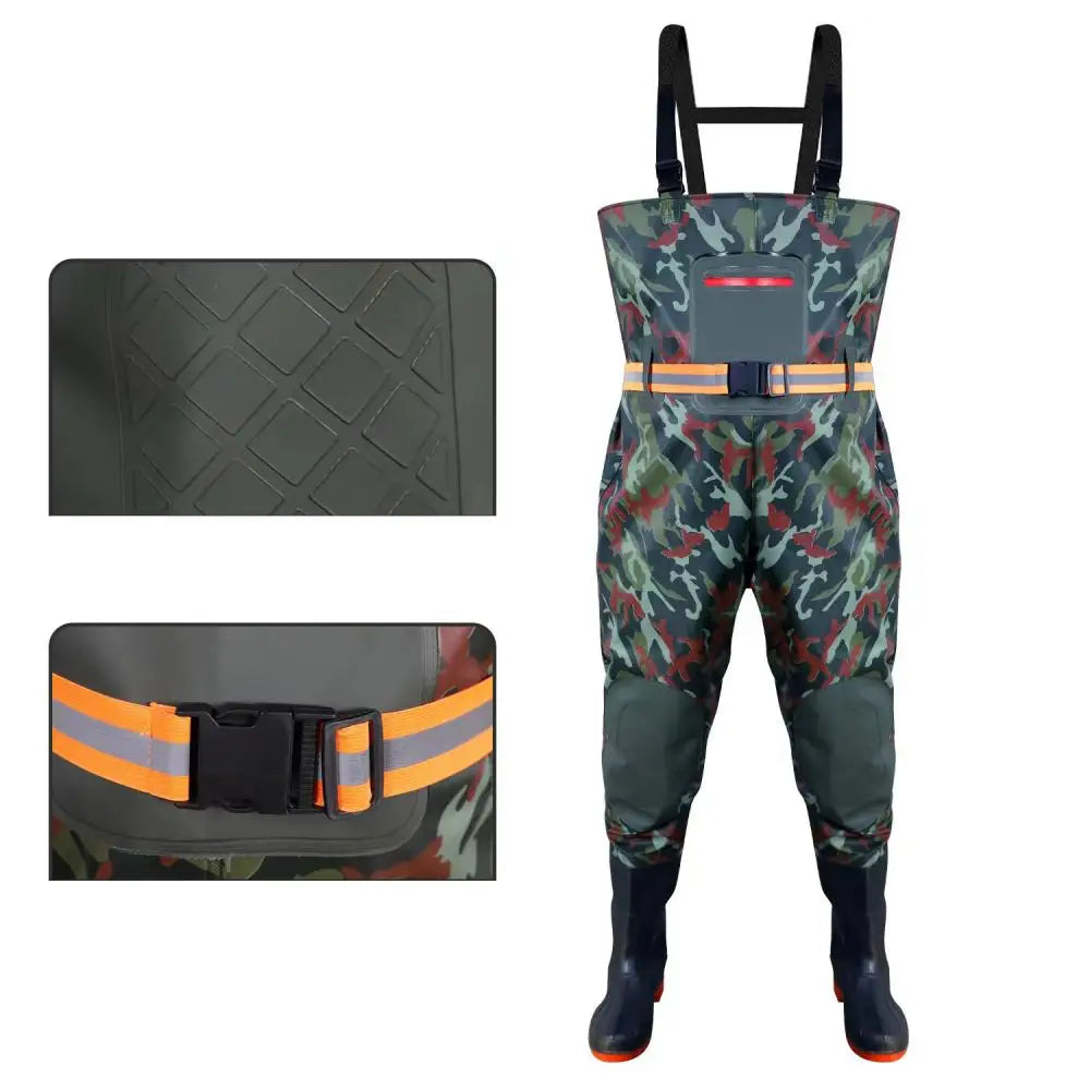 Bootfoot chest waders in green camouflage pattern shown front on