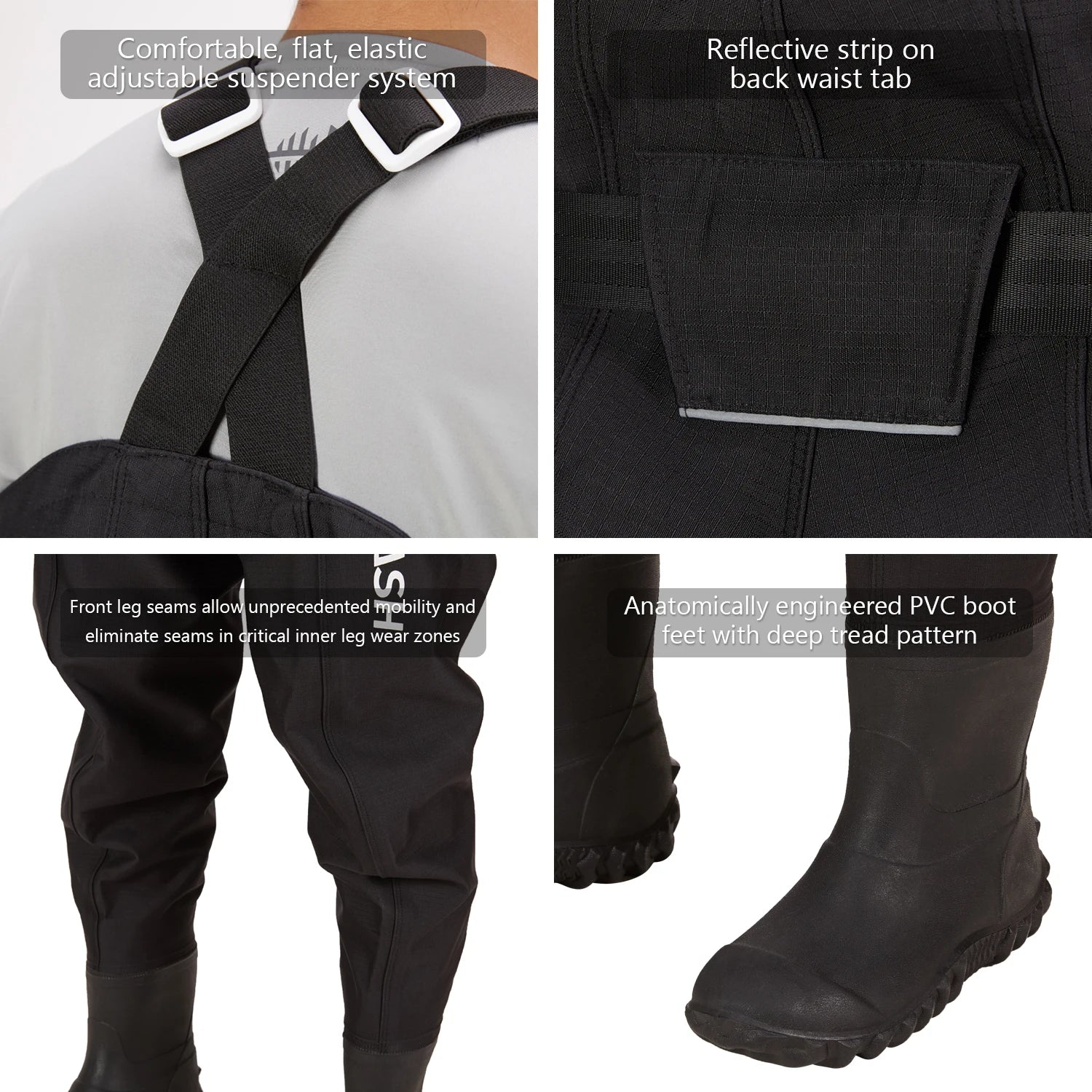 Bootfoot chest waders close up showing integrated waterproof boots