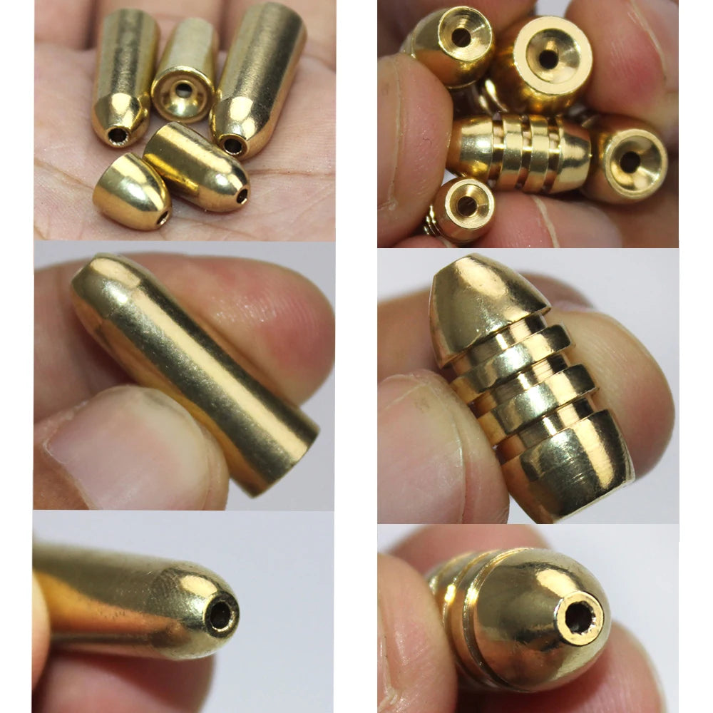 Close up views of brass bullet sinker design and finish