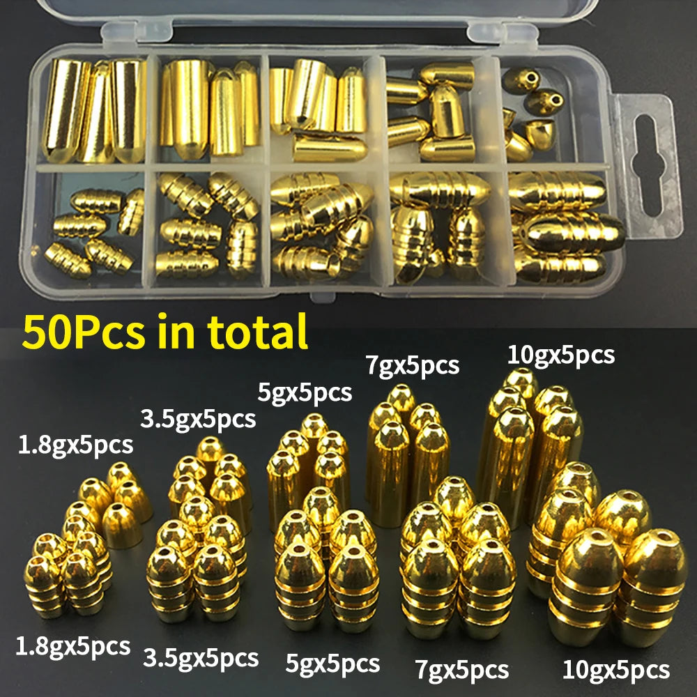 Brass bullet sinkers 50 piece assorted weight set layout