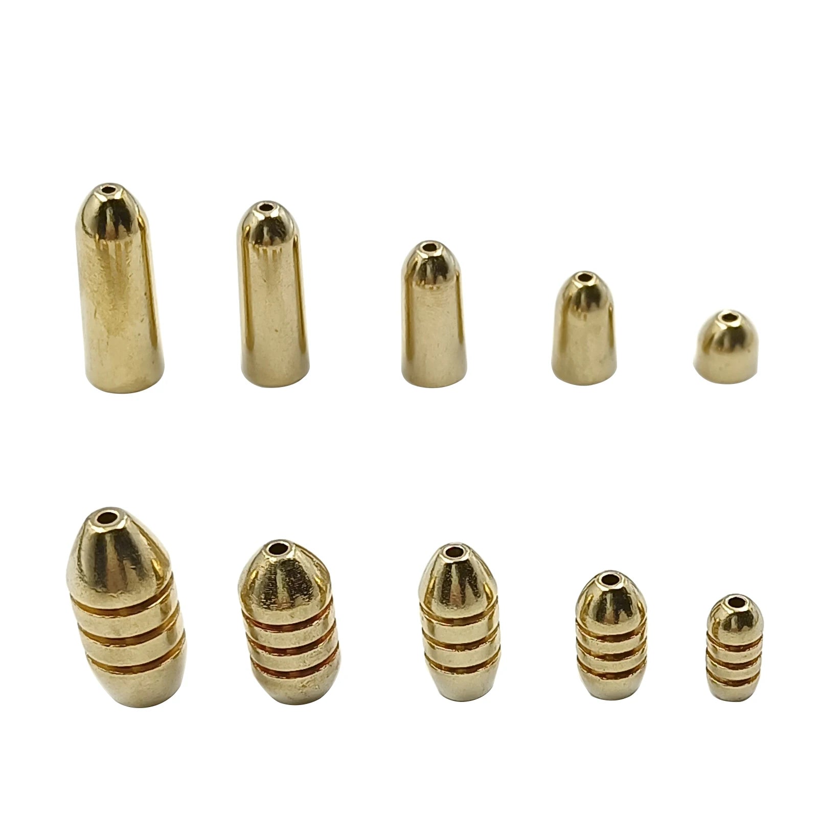 Brass bullet sinkers displayed in multiple size variations