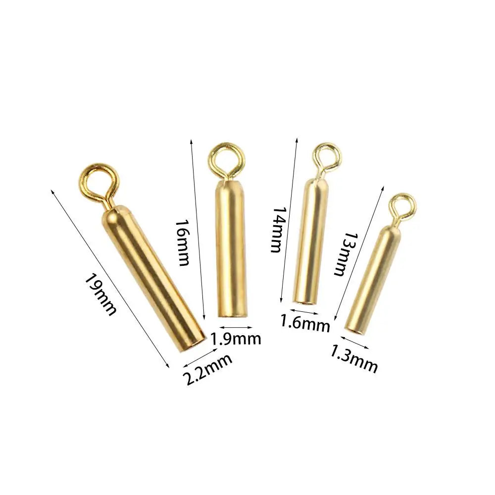 Size chart showing measurements of copper fishing float holders for tackle assembly