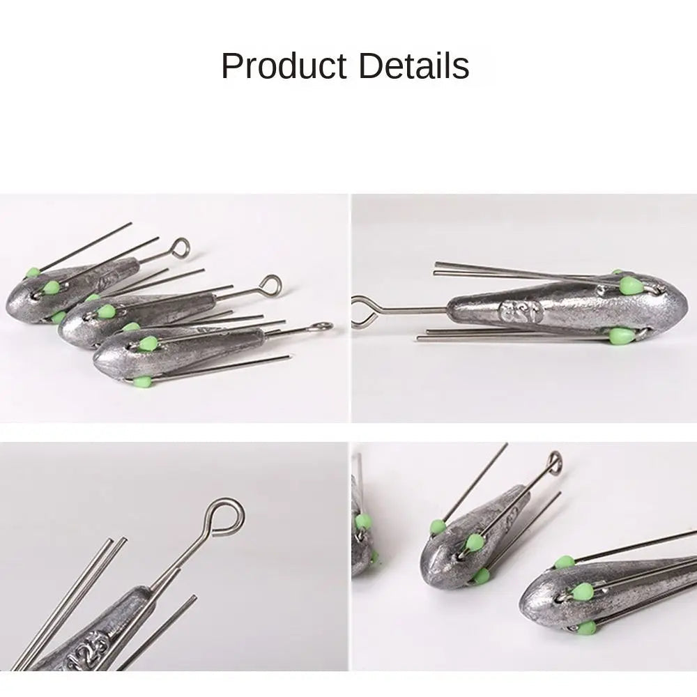 Breakaway fishing sinker showing luminous bead and wire anchoring system