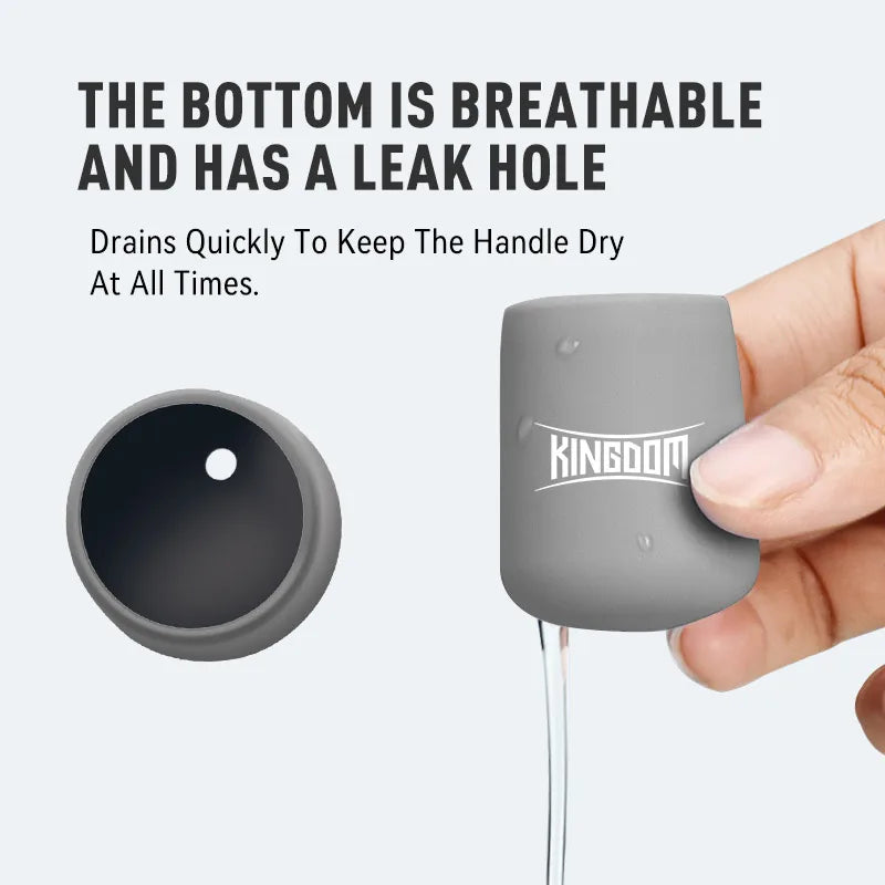 Close-up of silicone rod handle protector showing breathable bottom design and leak hole