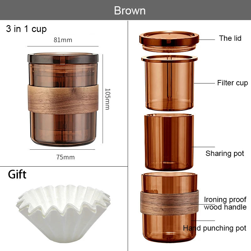 Brown portable coffee brewing set with walnut grip shown in exploded 3-in-1 layout including filter cap, sharing pot, and pouring base