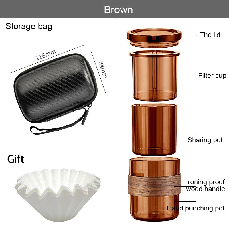 Brown five-piece portable coffee set with wood detailing and paper filters, shown as compact travel gift set