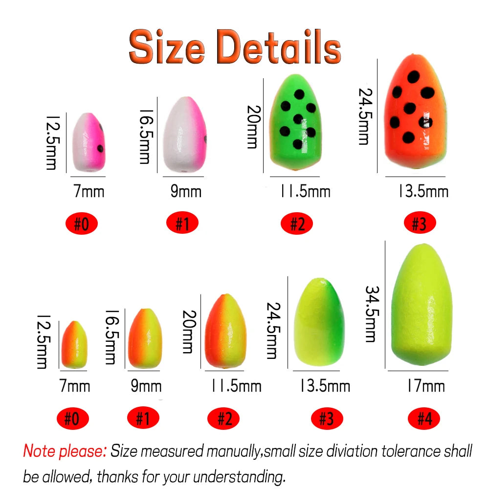 Bullet rig fishing float size chart with measurements and rigging guide