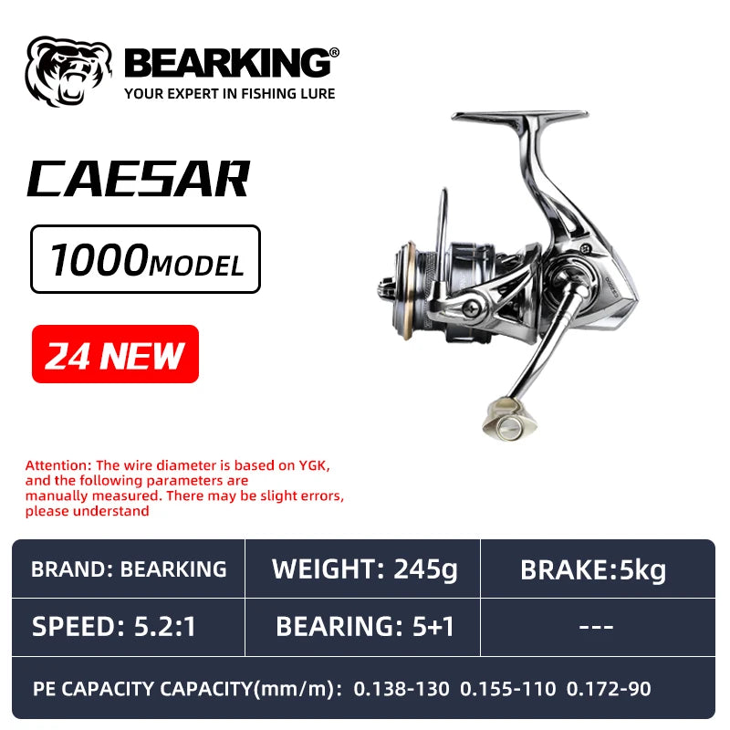 CAESAR 1000 spinning reel specification card showing 5 kg drag and 245 g weight