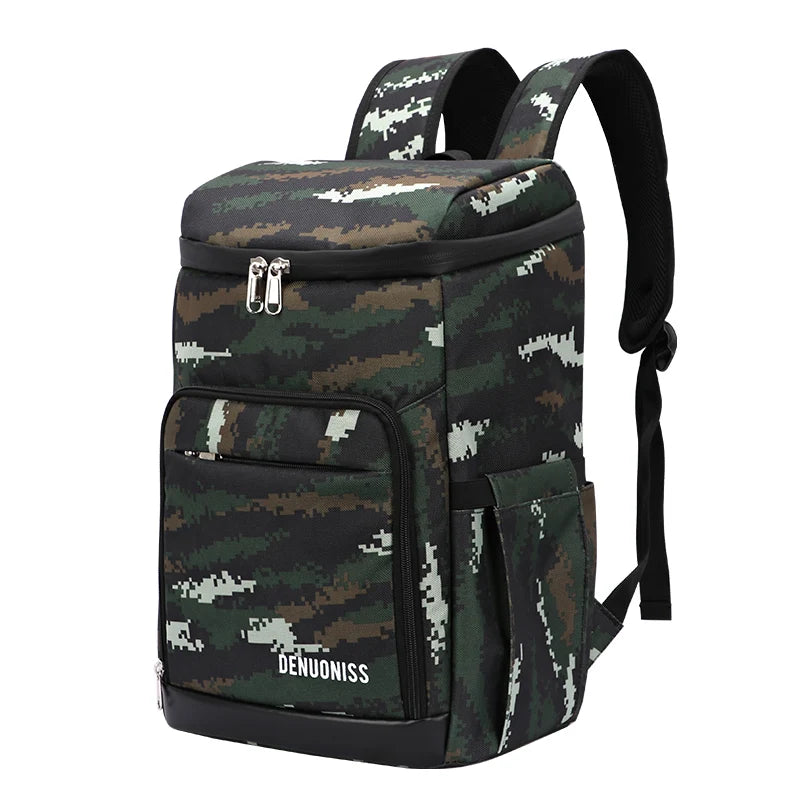 Camouflage insulated cooler backpack front view