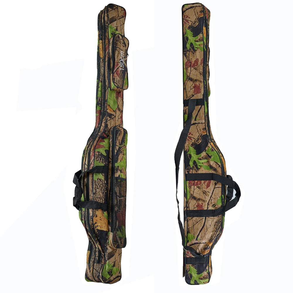 Two upright views of camouflage fishing rod bag front and back