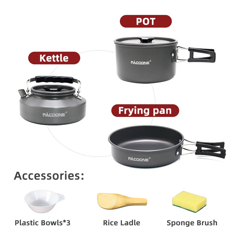 Camping cookware set components with pot frying pan and kettle
