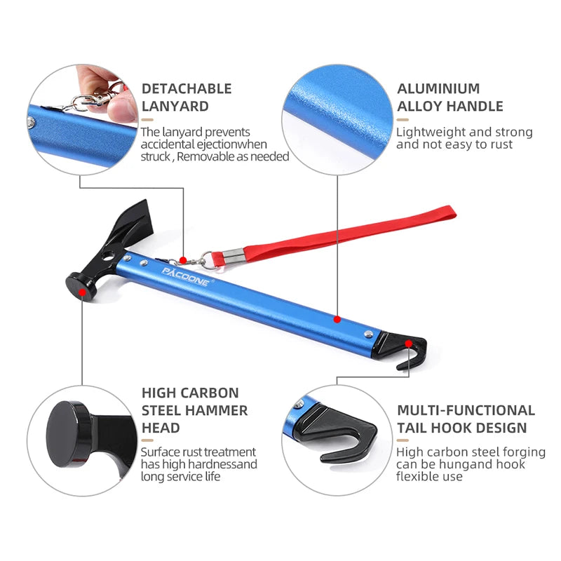 Camping hammer features including hook and glass breaker