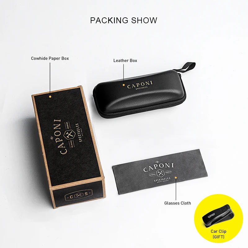 CAPONI sunglasses packaging set including case, cloth, warranty card, and polarised lens test card