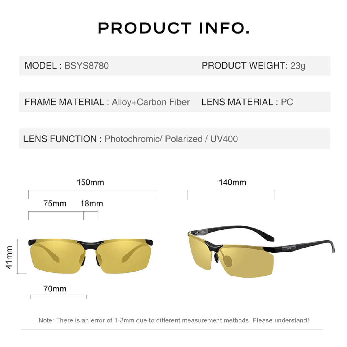 CAPONI BSYS8780 sunglasses technical info showing dimensions, model number, and lens specification chart