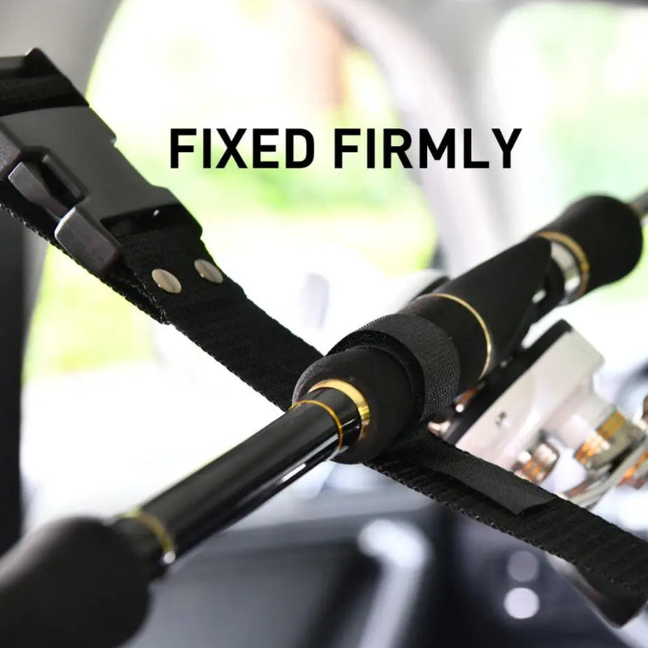 Close-up of BOOMS FISHING nylon car rod holder showing rods held firmly with adjustable straps
