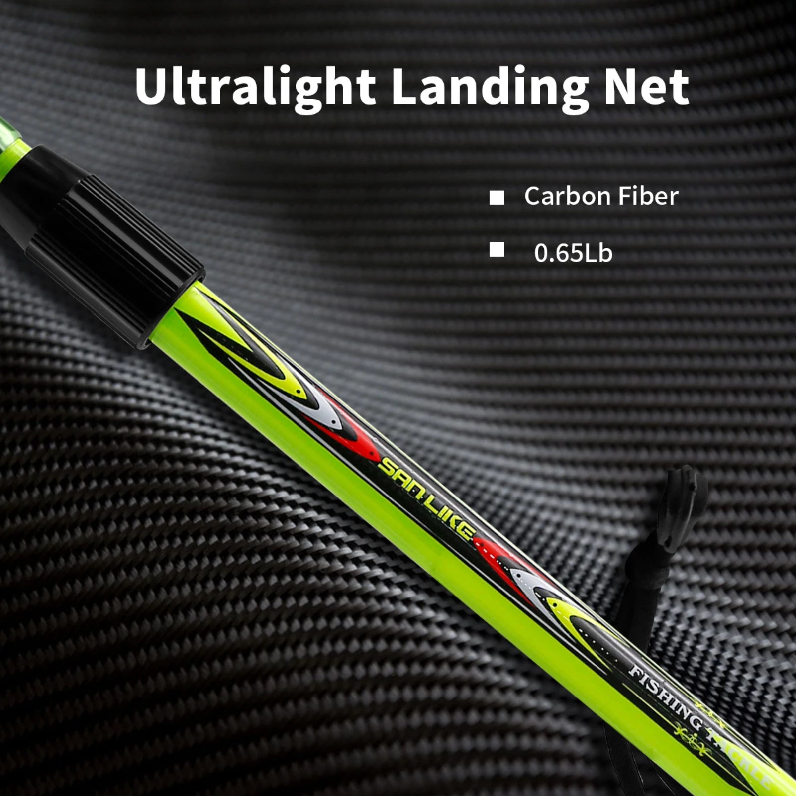 Close-up of carbon fibre ultralight fishing landing net handle showing smooth telescopic design