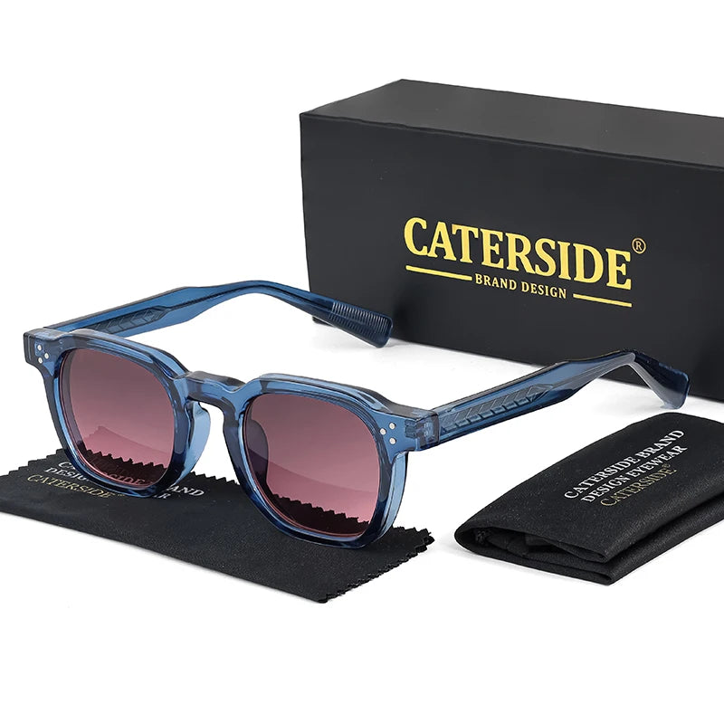 CATERSIDE blue square sunglasses with red gradient UV400 lenses offering vibrant festival-ready style