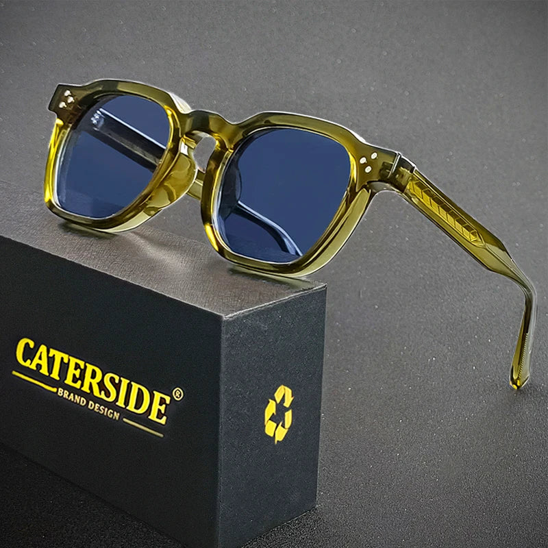 CATERSIDE retro green square sunglasses with blue UV400 lenses and bold small-frame design