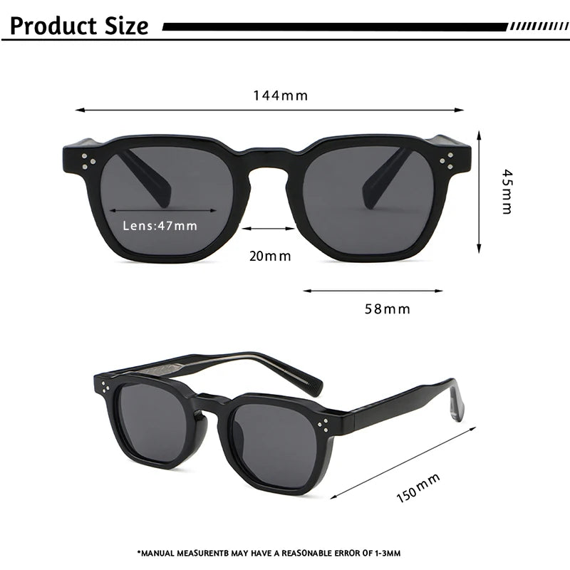 Product size diagram of CATERSIDE small-frame retro sunglasses showing lens and frame dimensions