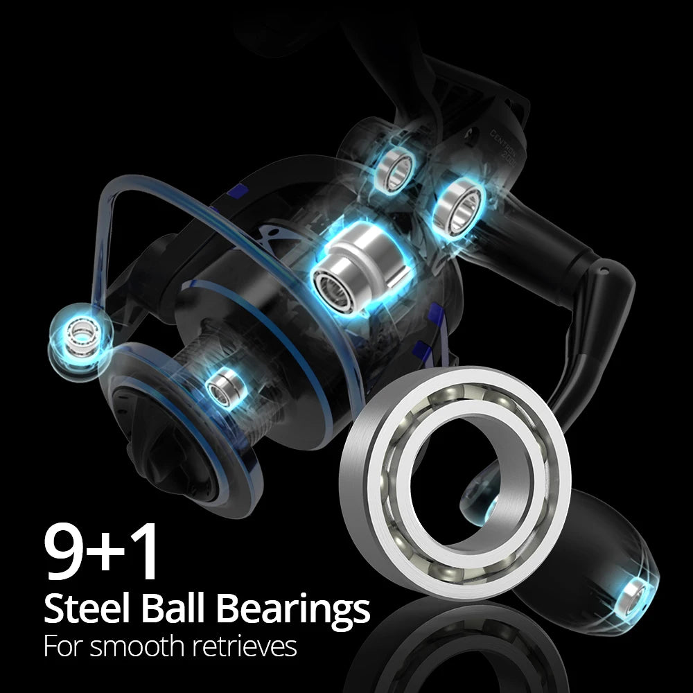 CENTRON reel bearing diagram showing 9+1 stainless steel ball bearing design for ultra-smooth retrieval