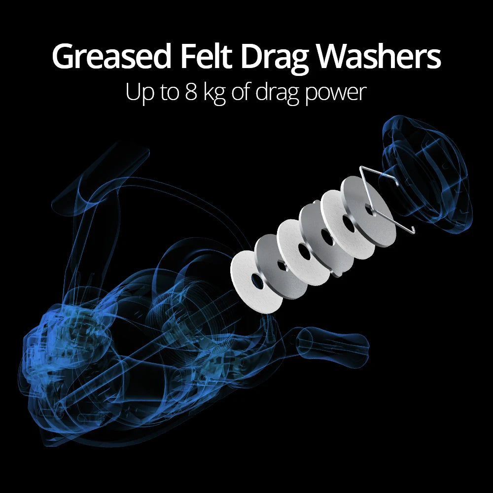 CENTRON spinning reel drag washer system showing greased felt discs for up to 8 kg of smooth drag power