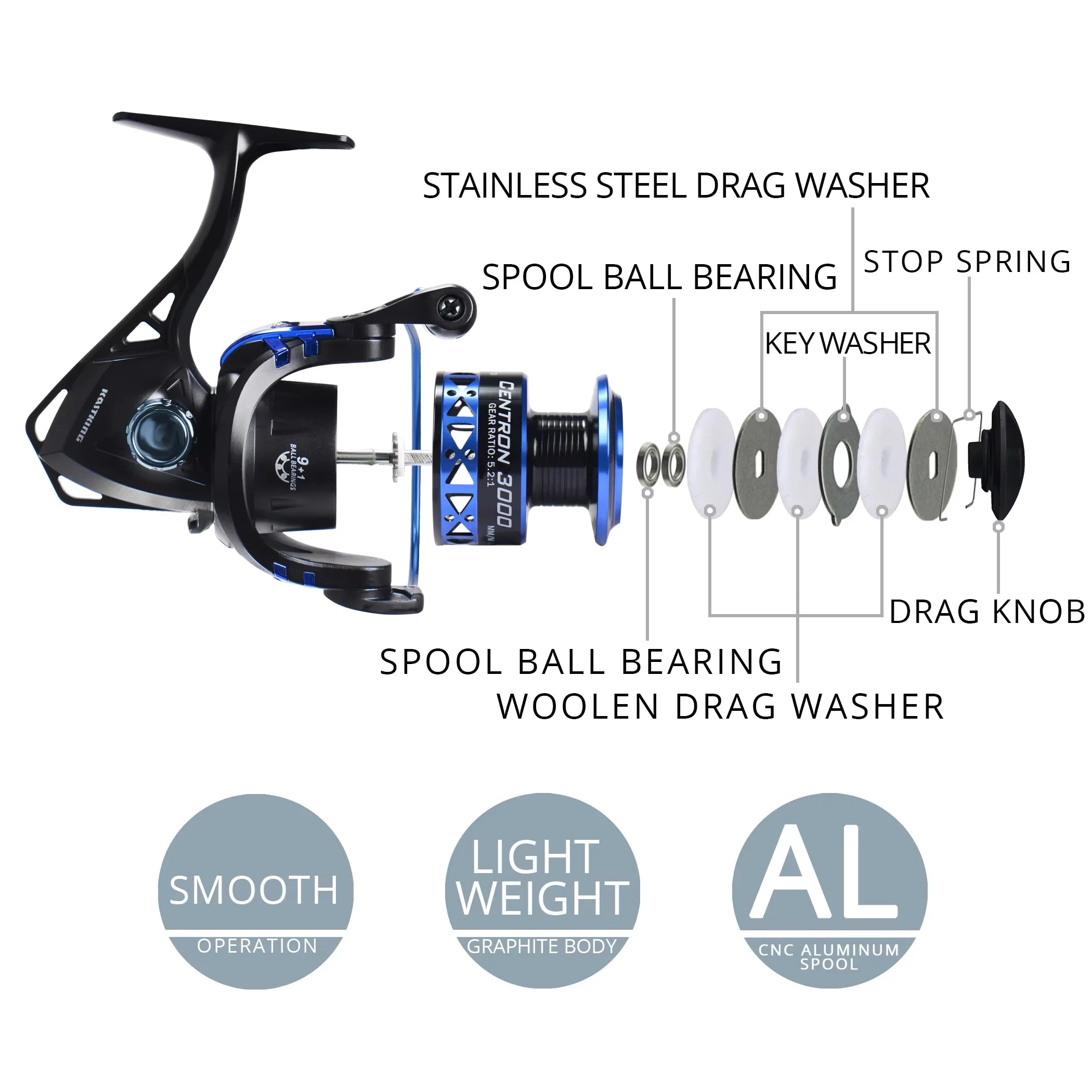 Exploded component view of CENTRON spinning reel showing spool, drag washer, and gear assembly details