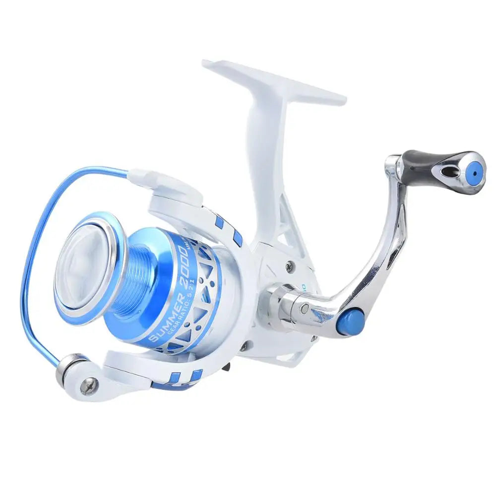CENTRON SUMMER series white and blue spinning reel with lightweight handle and balanced rotor alignment