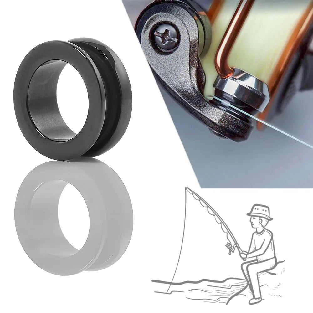 Close-up of ceramic line roller mounted on fishing reel showing durable smooth finish