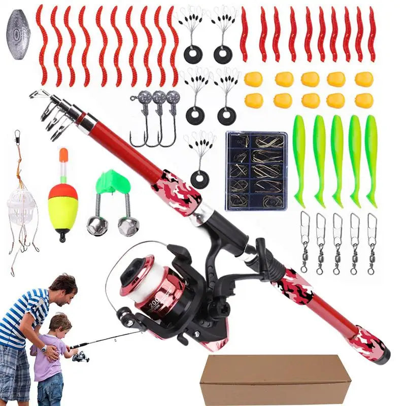 Complete children’s fishing rod kit with hooks, lures, floats, and accessories
