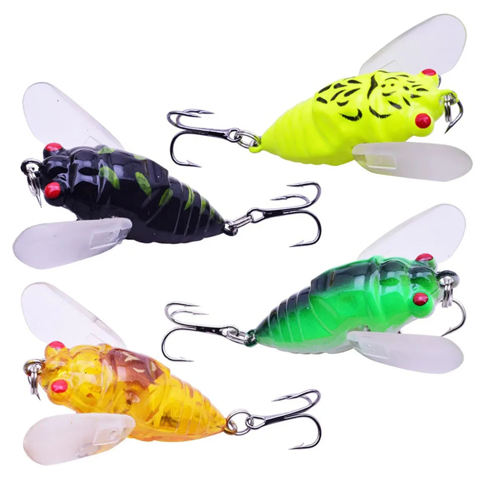 Multiple cicada-style fishing lures shown in different colours