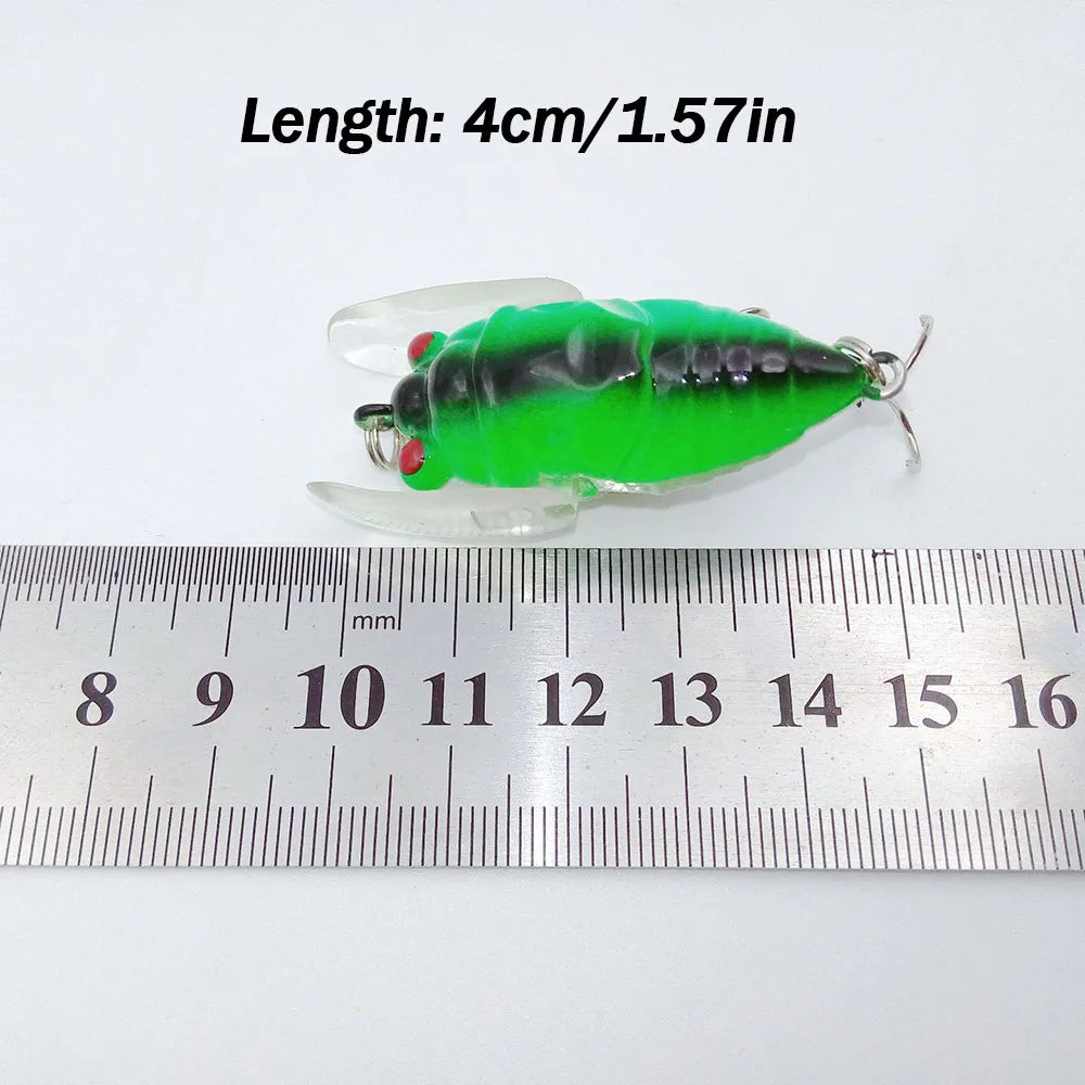 Cicada fishing lure measured against ruler for length reference