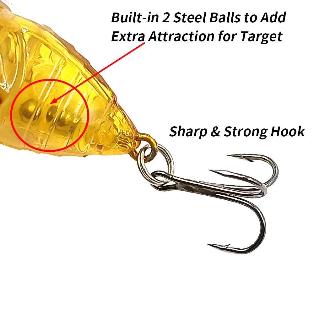 Close-up of treble hook attached to cicada fishing lure